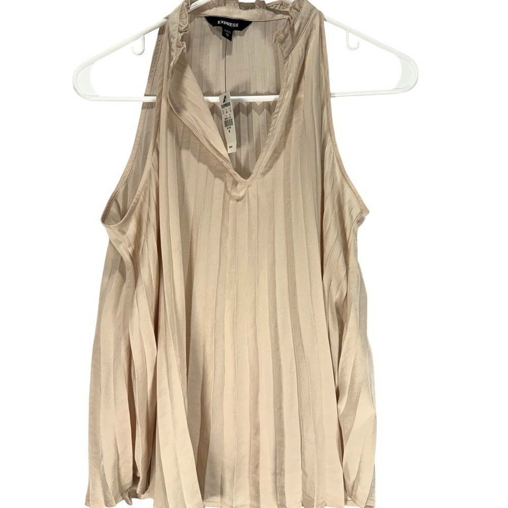 NWT Express XS Pleated Sleeveless Blouse Beige Split Neck Flowy Petite-Friendly